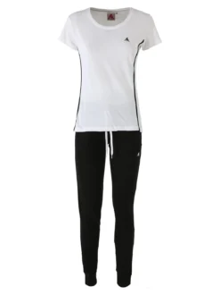 Aki Completo sportivo da donna in cotone con t-shirt e pantaloni con polsini - bianco