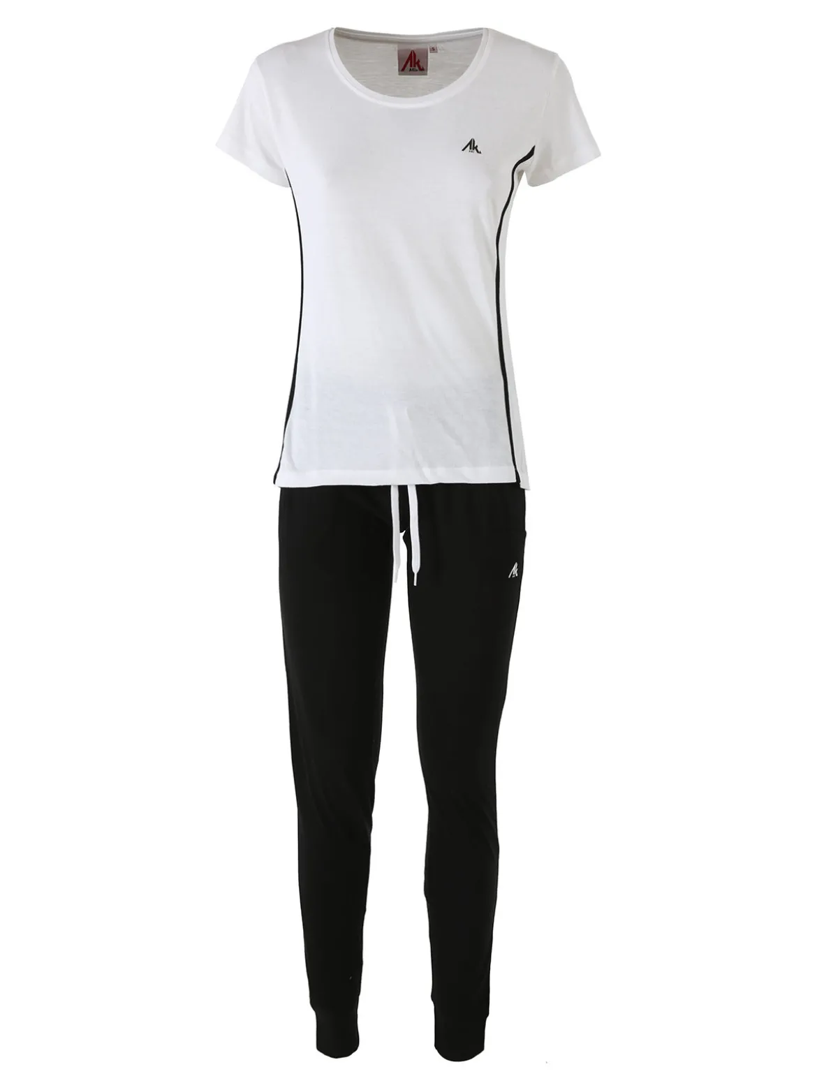 Aki Completo sportivo da donna in cotone con t-shirt e pantaloni con polsini - bianco