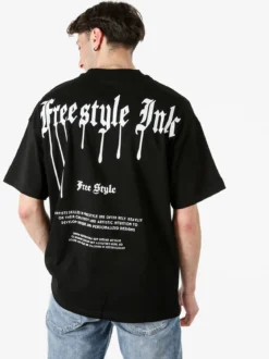 Ange Wear T-shirt da uomo oversize in cotone con stampe davanti e dietro - nero