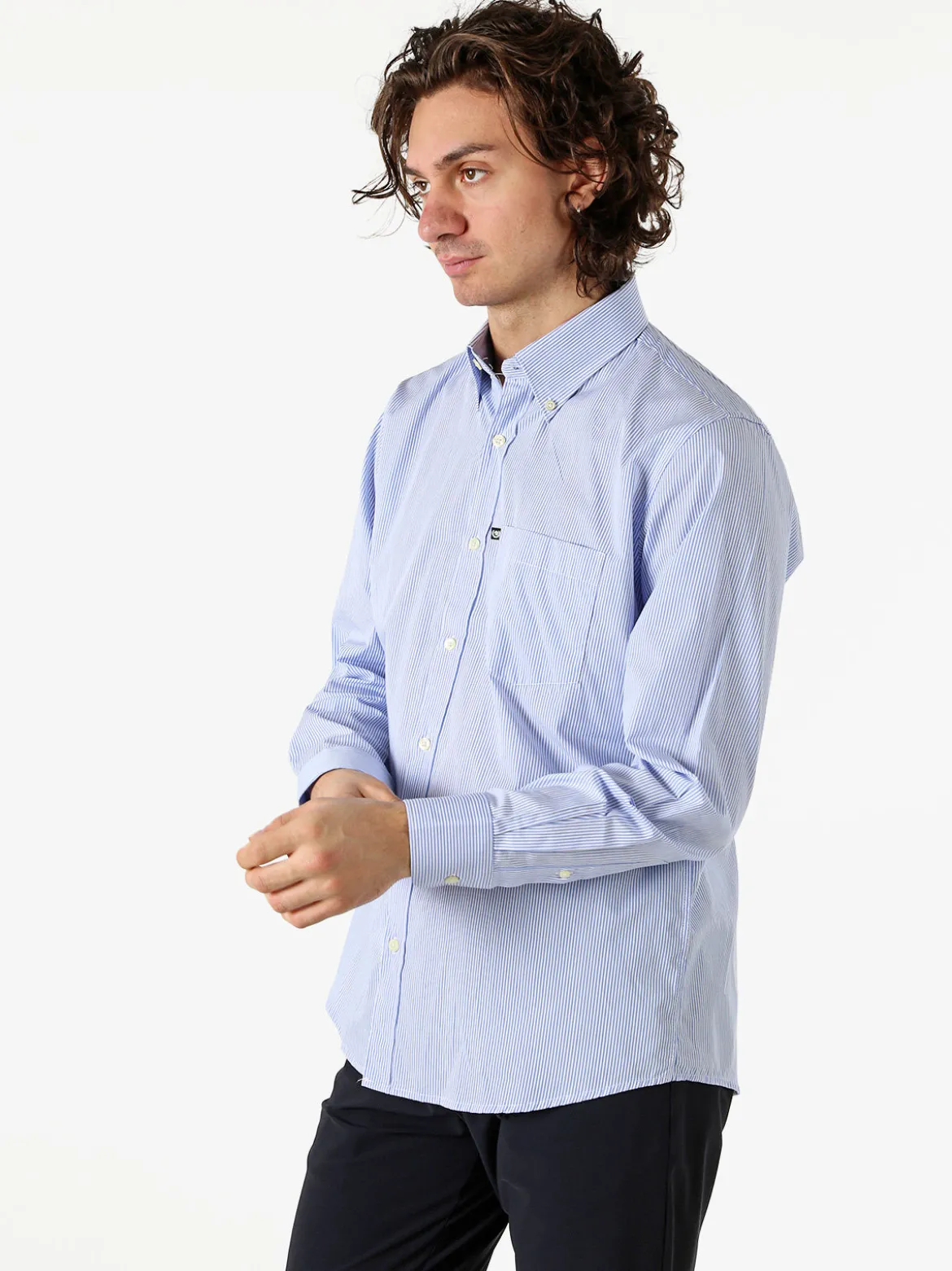 Ascot Sport Camicia a righe da uomo in cotone a maniche lunghe con taschino - azzurro