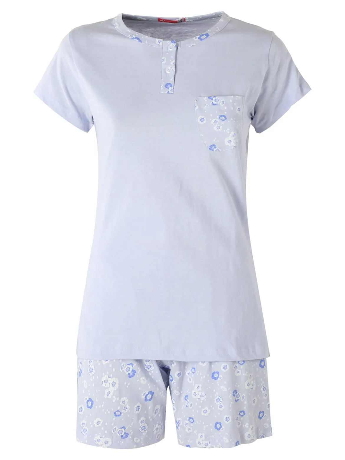 A Sette Pigiama corto da donna in cotone con taschino e shorts fiorati - azzurro