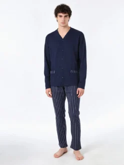 A Sette Pigiama da uomo in cotone interlock aperto con bottoni e pantaloni a righe - blu scuro
