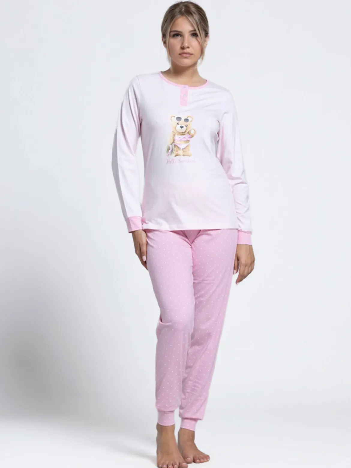 A Sette Pigiama lungo da donna in cotone con stampa orsacchiotto e pantaloni a pois - rosa