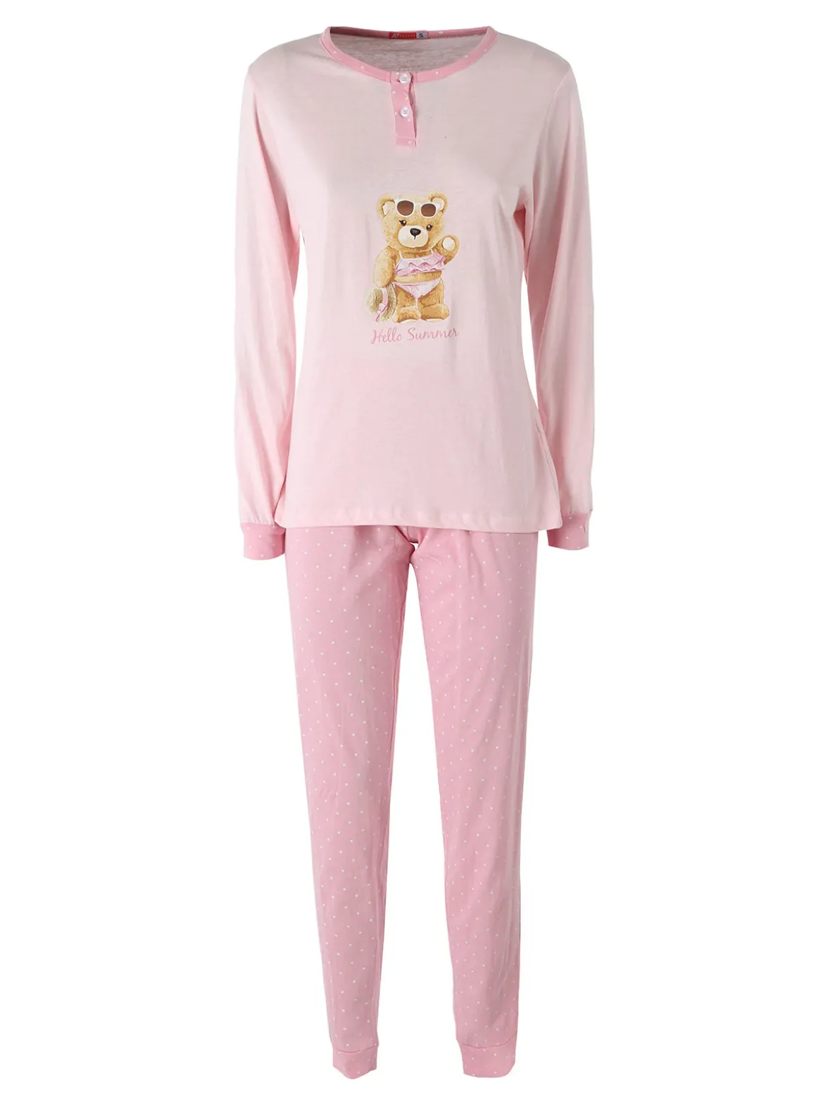 A Sette Pigiama lungo da donna in cotone con stampa orsacchiotto e pantaloni a pois - rosa