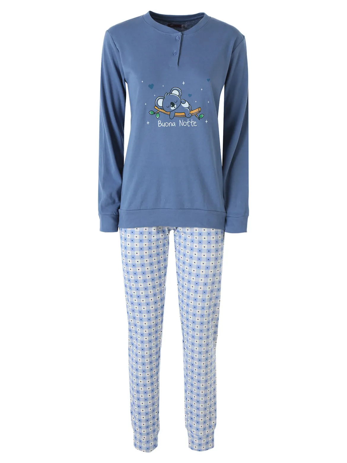 A Sette Pigiama lungo da donna in cotone interlock con dettaglio in pizzo e pantaloni a quadretti - jeans