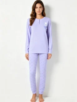 A Sette Pigiama lungo da donna in cotone interlock con pantaloni a cuori - lilla
