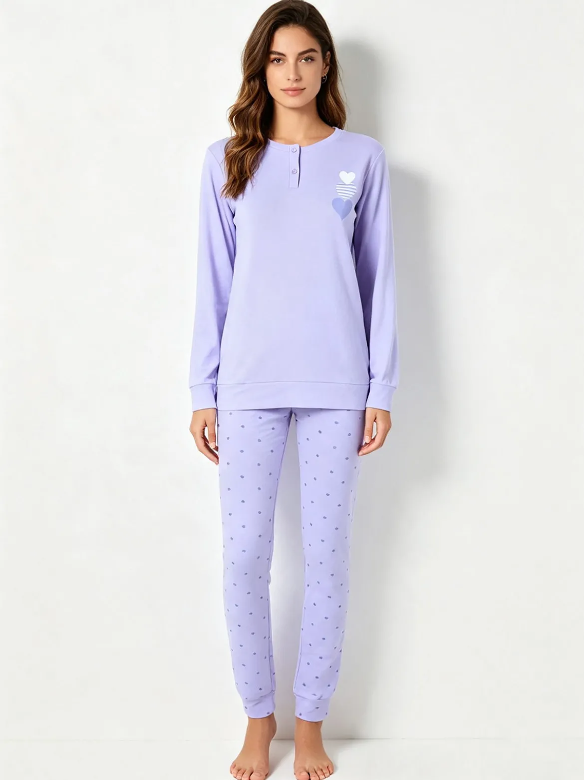 A Sette Pigiama lungo da donna in cotone interlock con pantaloni a cuori - lilla