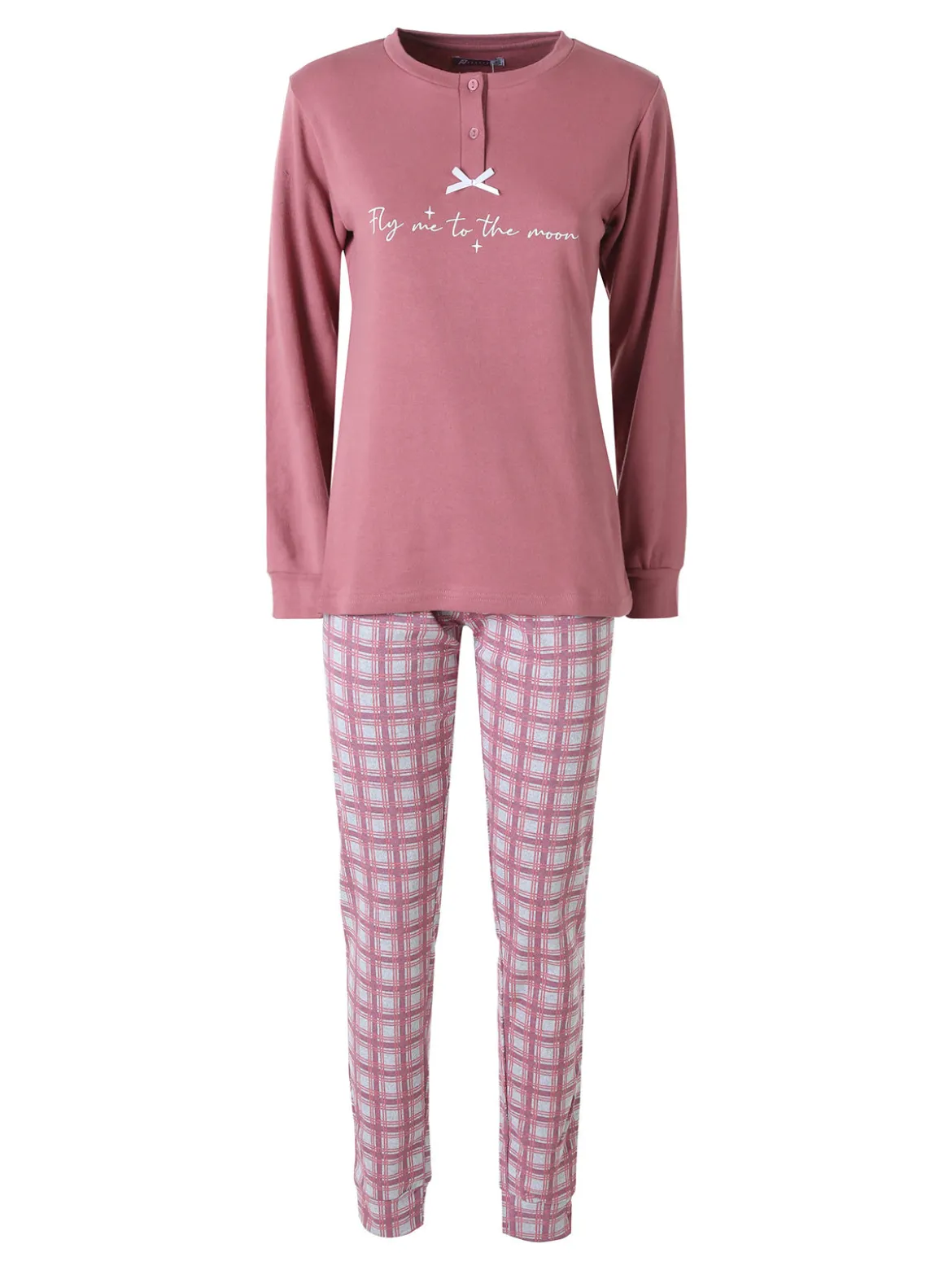 A Sette Pigiama lungo da donna in cotone interlock con pantaloni a quadri - rosa