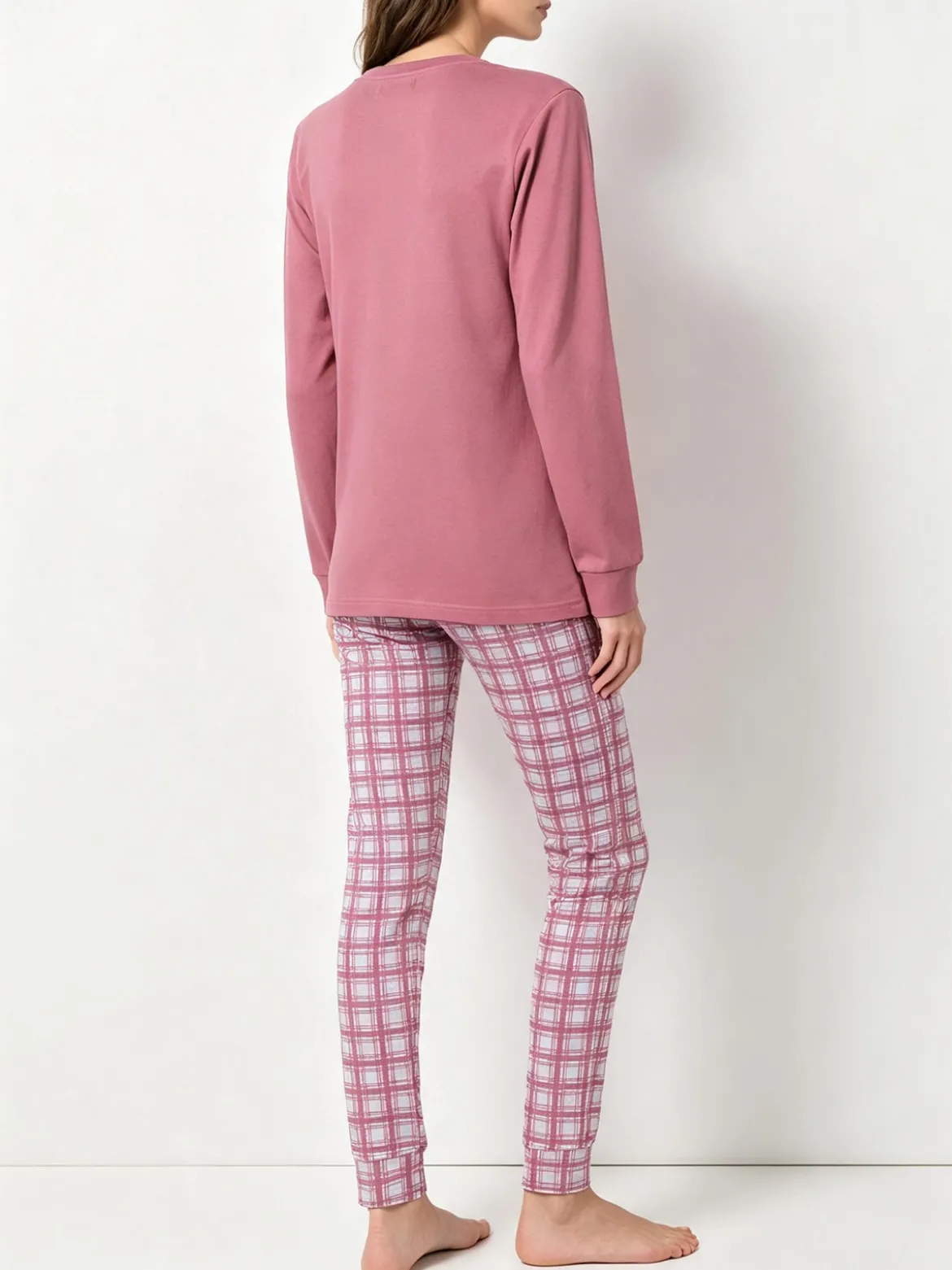 A Sette Pigiama lungo da donna in cotone interlock con pantaloni a quadri - rosa