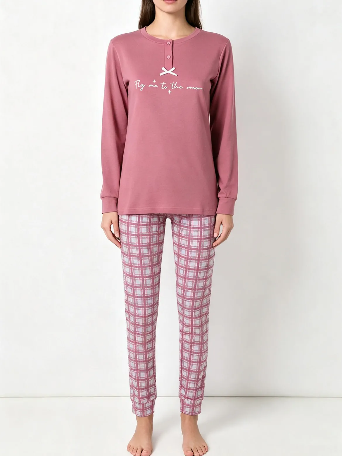 A Sette Pigiama lungo da donna in cotone interlock con pantaloni a quadri - rosa