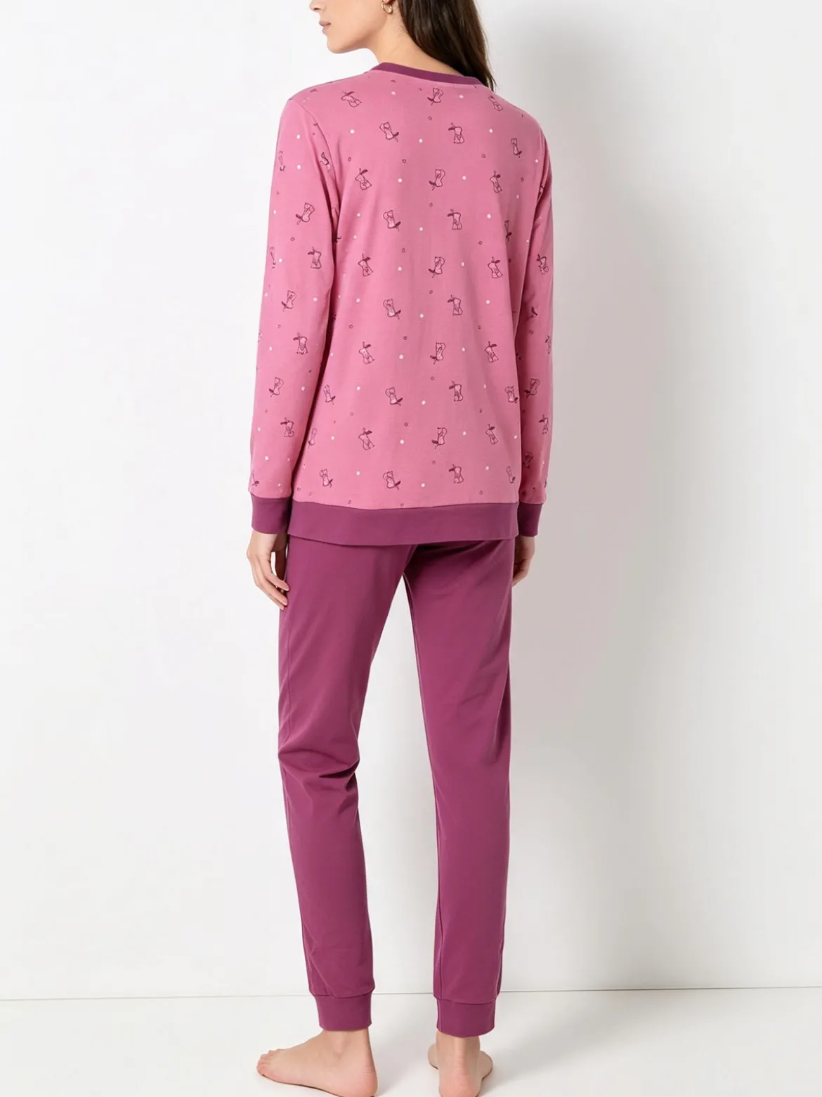 A Sette Pigiama lungo da donna in cotone interlock con stampa disegni - rosa