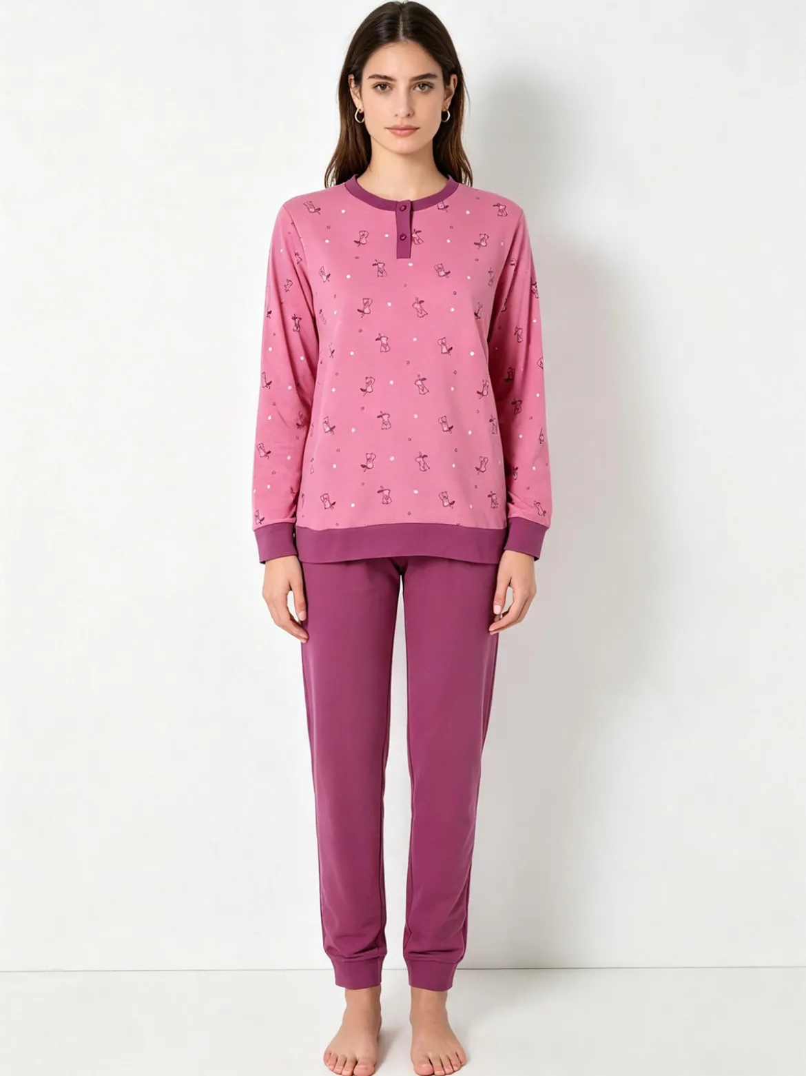 A Sette Pigiama lungo da donna in cotone interlock con stampa disegni - rosa