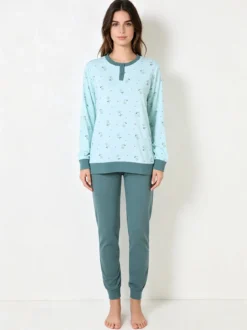 A Sette Pigiama lungo da donna in cotone interlock con stampa disegni - acqua marina