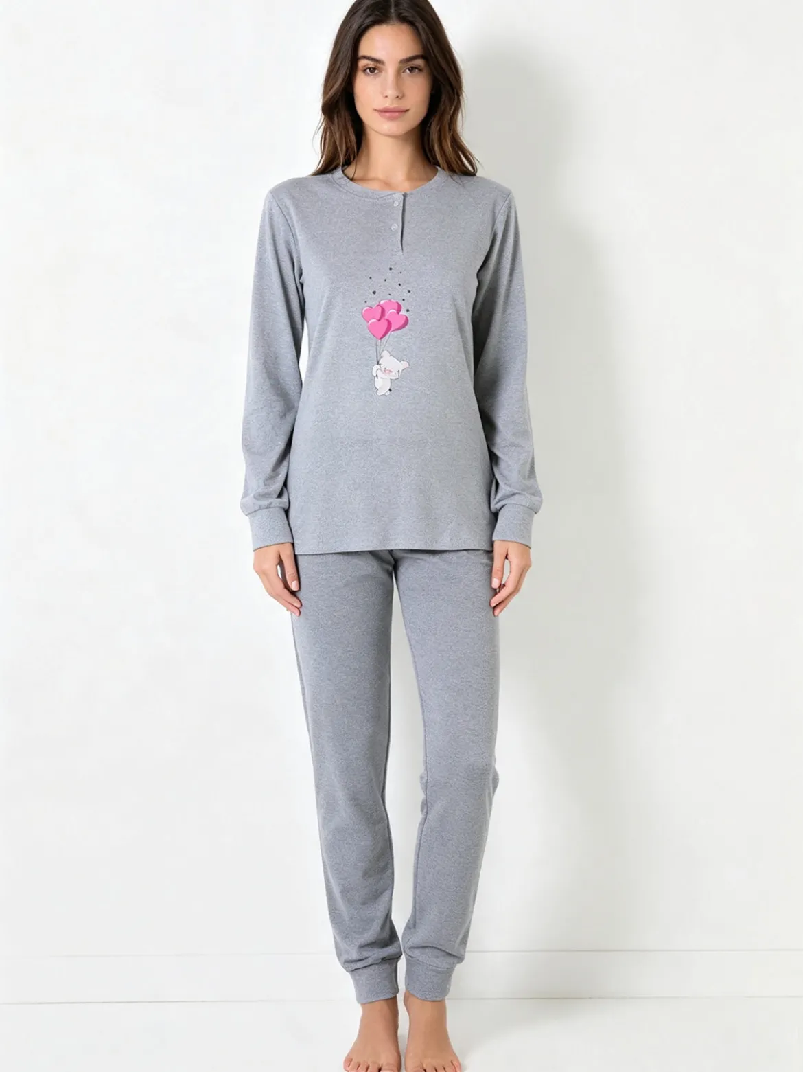A Sette Pigiama lungo da donna in cotone interlock con stampa disegno - grigio