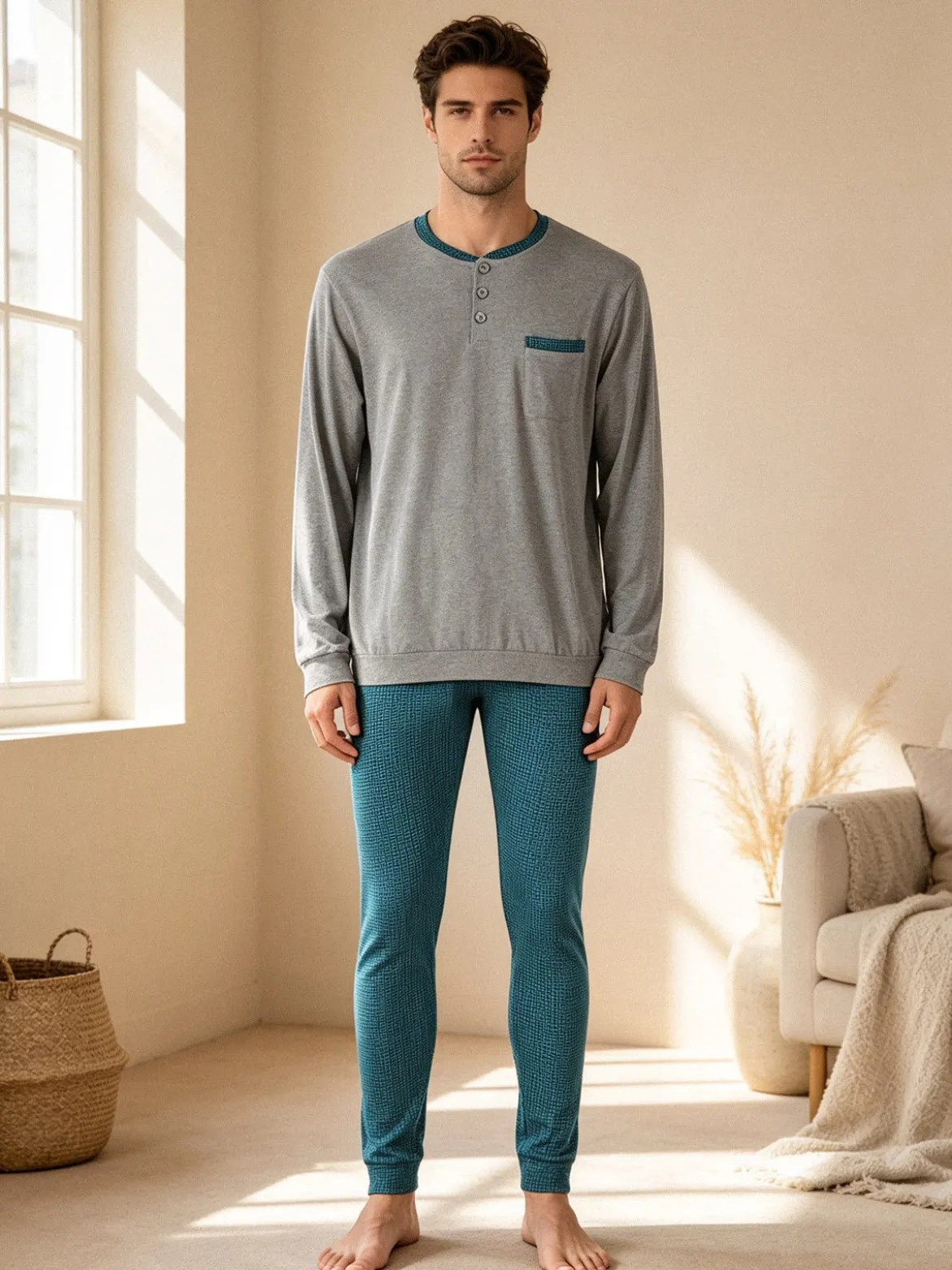 A Sette Pigiama lungo da uomo in cotone con taschino e pantaloni con stampa greca - grigio