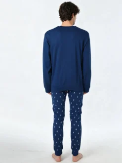A Sette Pigiama lungo da uomo in cotone interlock con pantaloni con stampa birilli - blu
