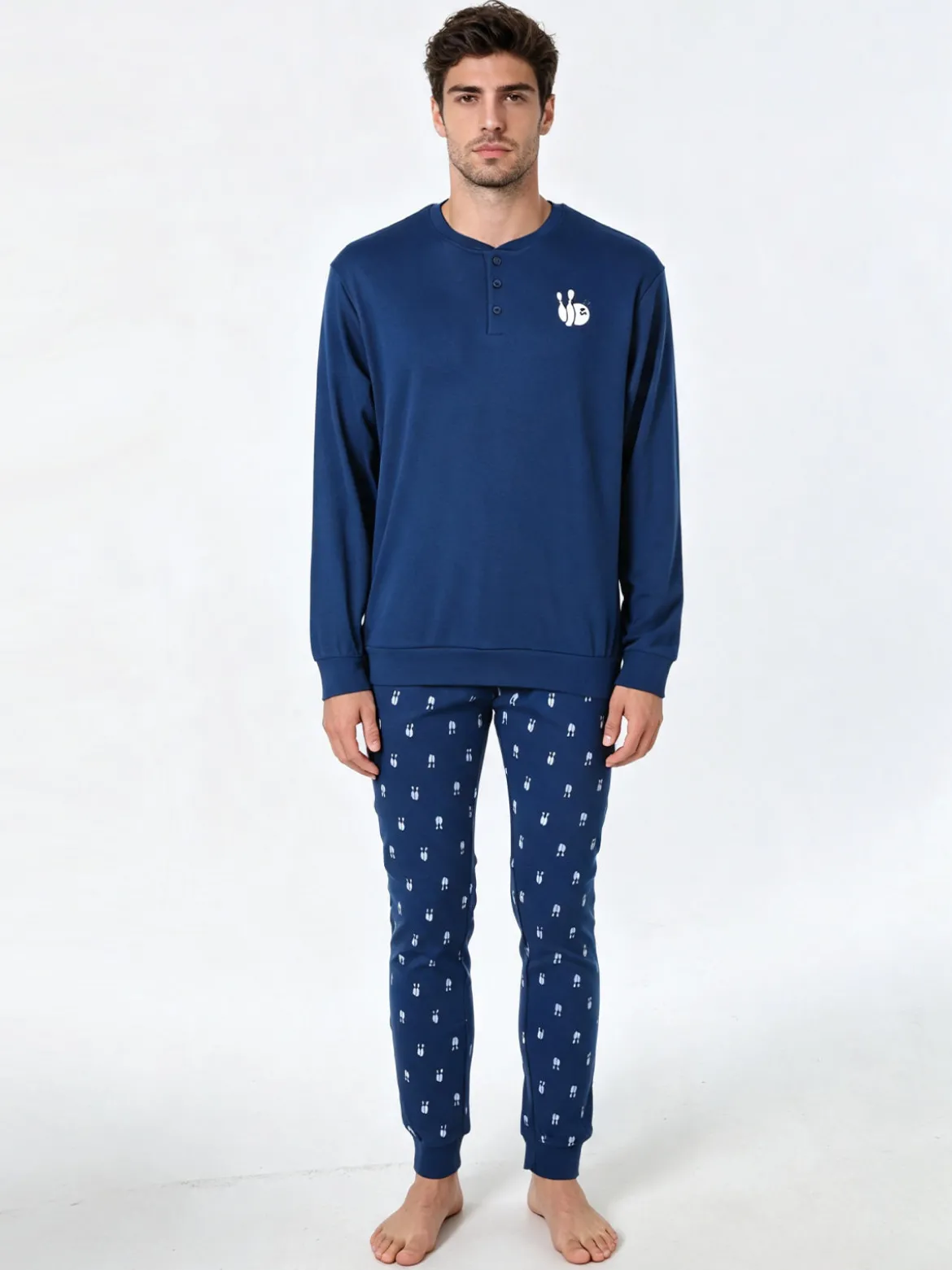 A Sette Pigiama lungo da uomo in cotone interlock con pantaloni con stampa birilli - blu
