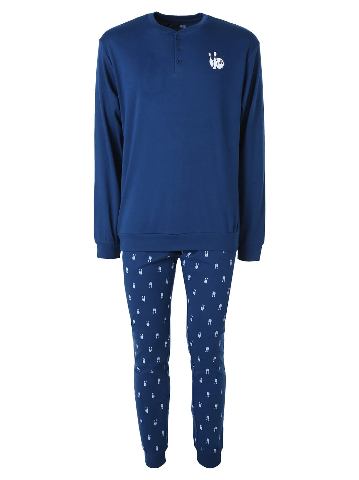 A Sette Pigiama lungo da uomo in cotone interlock con pantaloni con stampa birilli - blu