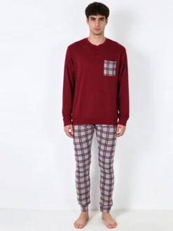 A Sette Pigiama lungo da uomo in cotone interlock con taschino e pantaloni a quadri - bordeaux
