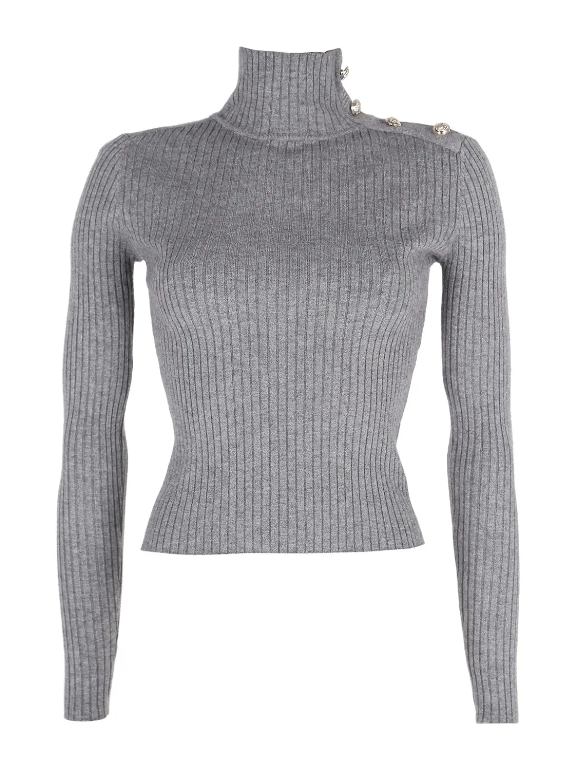 Attic Tricot Pullover donna dolcevita in maglia con bottoni decorativi sulla spalla