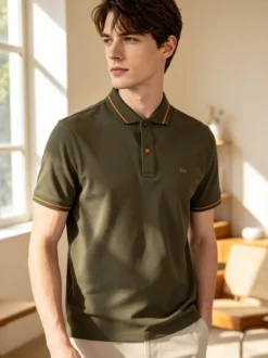 Baci & Abbracci Polo da uomo in cotone a maniche corte con logo davanti e dietro - militare
