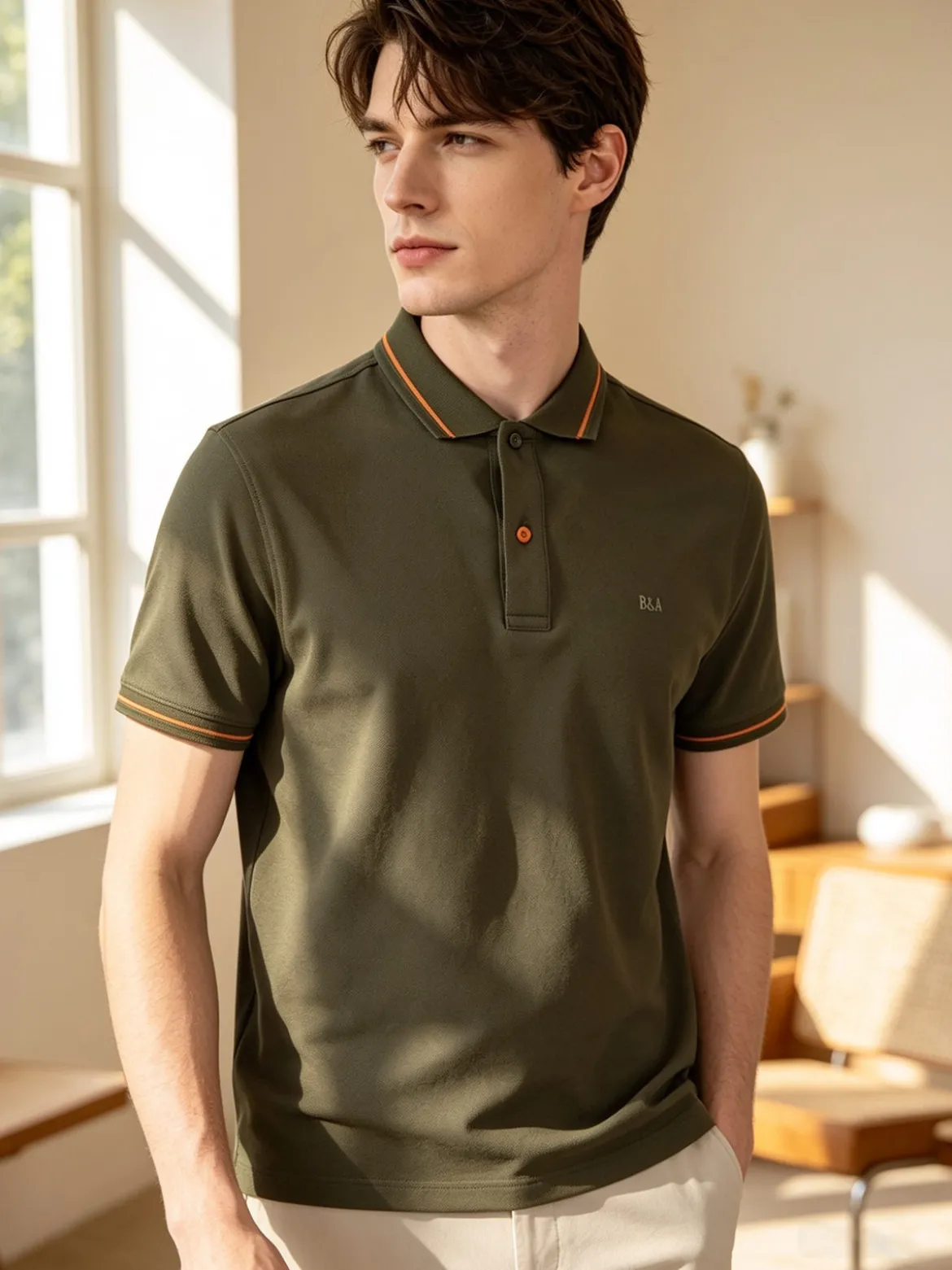 Baci & Abbracci Polo da uomo in cotone a maniche corte con logo davanti e dietro - militare