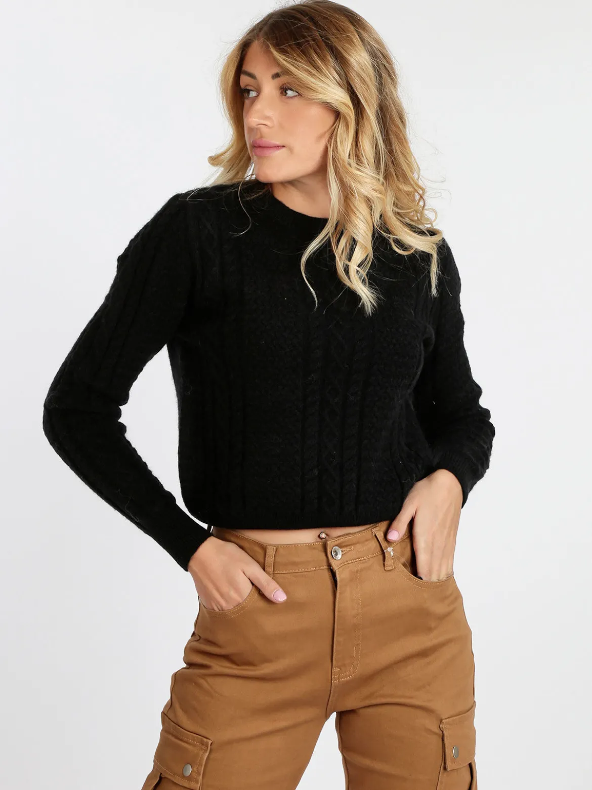 Bluoltre Maglione donna girocollo a treccia