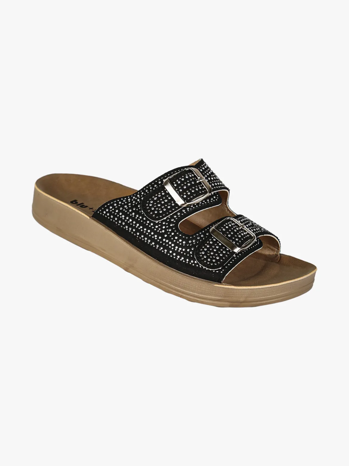 Blu Star Ciabatte da donna con doppie fibbie e micro borchie - nero