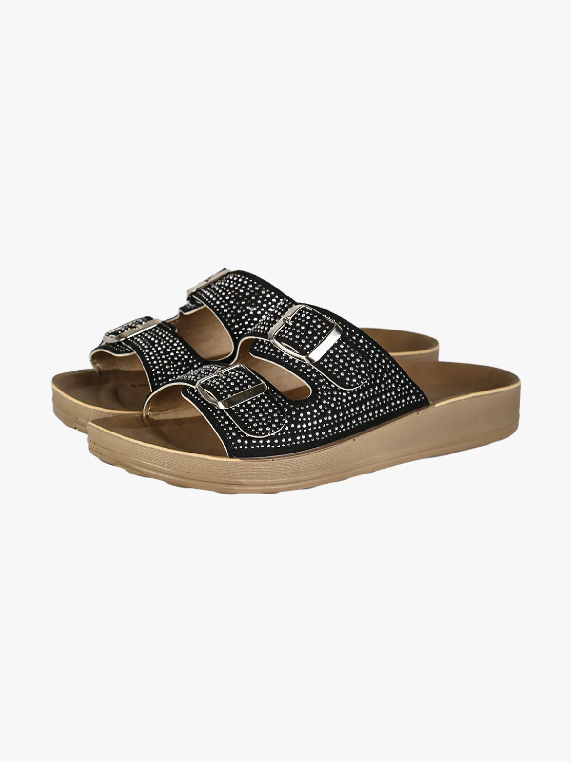 Blu Star Ciabatte da donna con doppie fibbie e micro borchie - nero