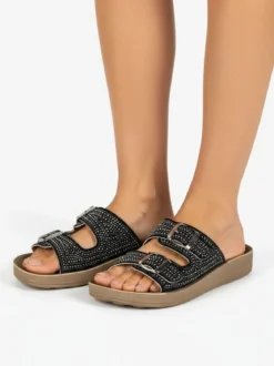 Blu Star Ciabatte da donna con doppie fibbie e micro borchie - nero