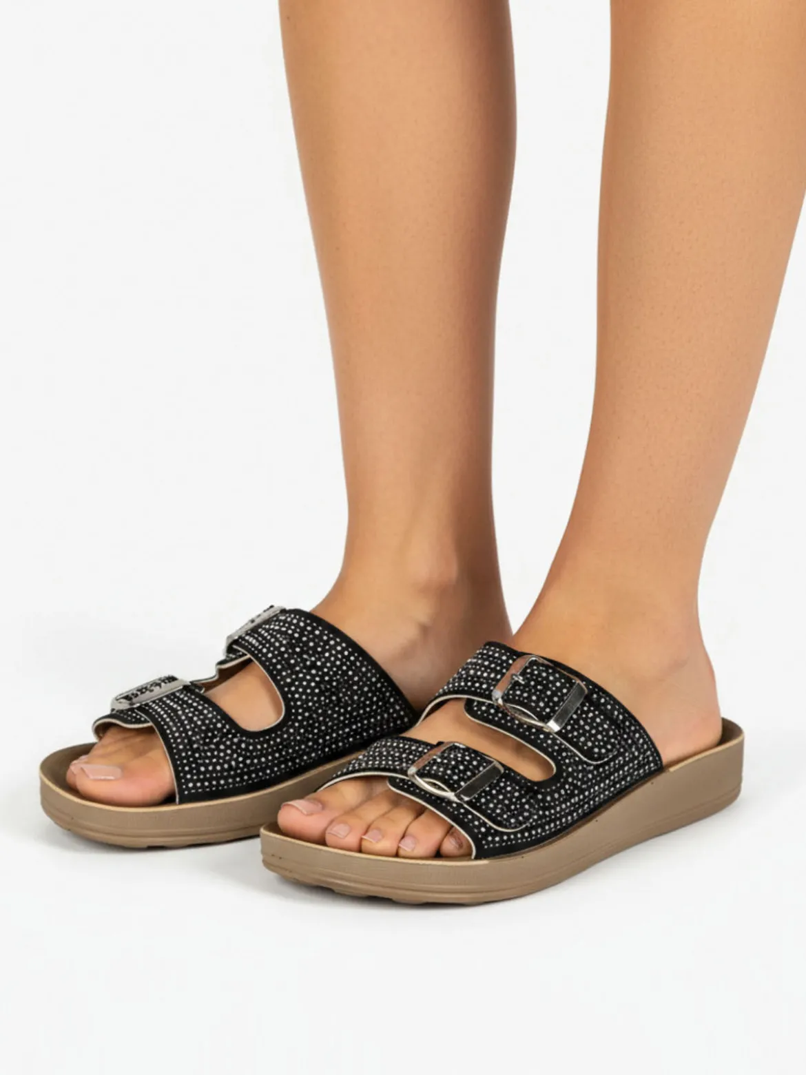 Blu Star Ciabatte da donna con doppie fibbie e micro borchie - nero