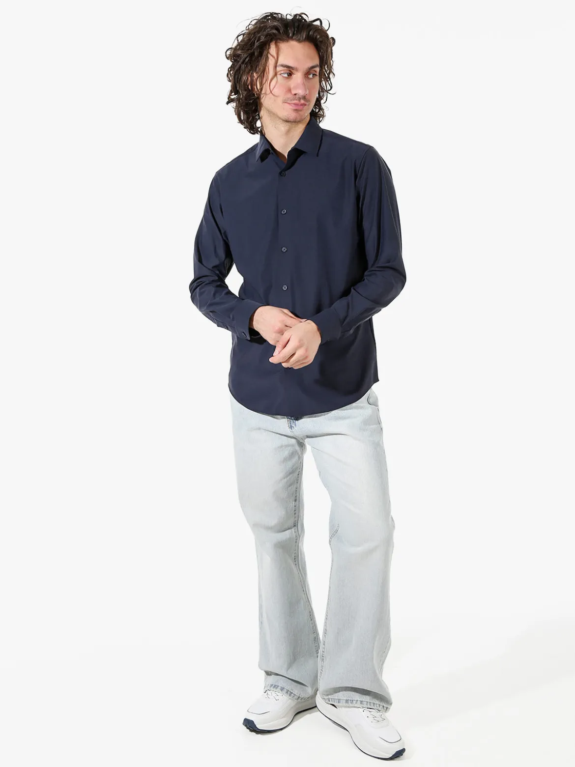 Bread & Buttons Camicia da uomo a maniche lunghe in tessuto elastico no stiro - blu scuro