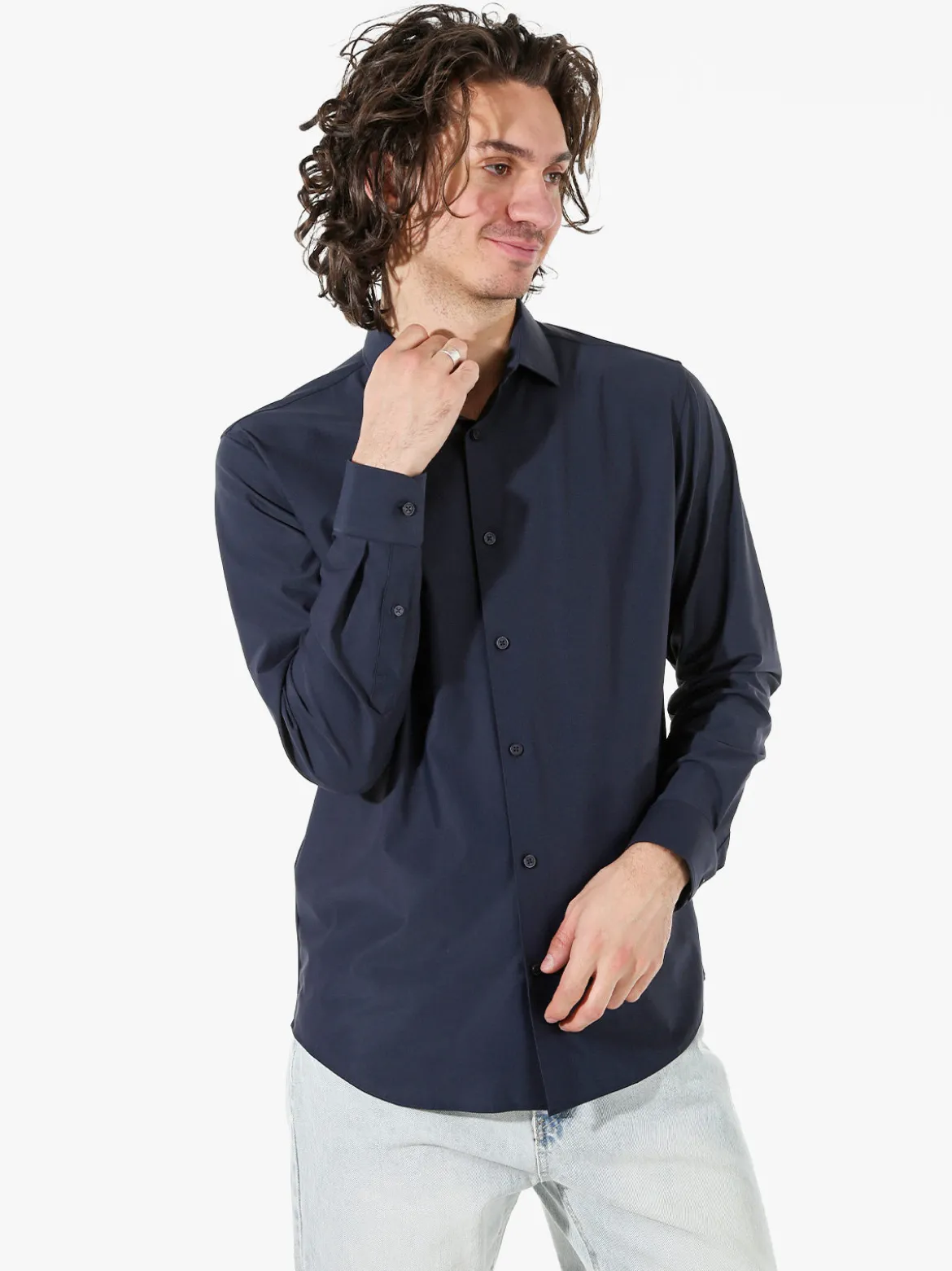 Bread & Buttons Camicia da uomo a maniche lunghe in tessuto elastico no stiro - blu scuro