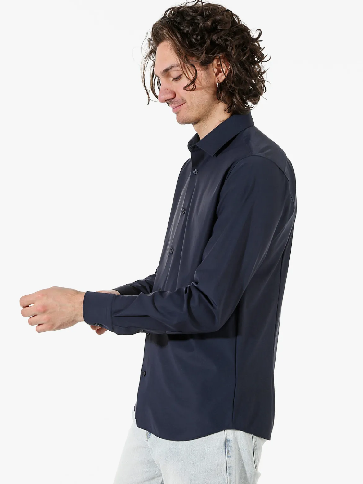 Bread & Buttons Camicia da uomo a maniche lunghe in tessuto elastico no stiro - blu scuro