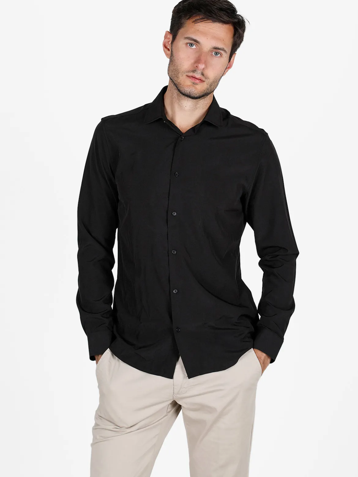 Bread & Buttons Camicia da uomo slim fit microtouch a maniche lunghe