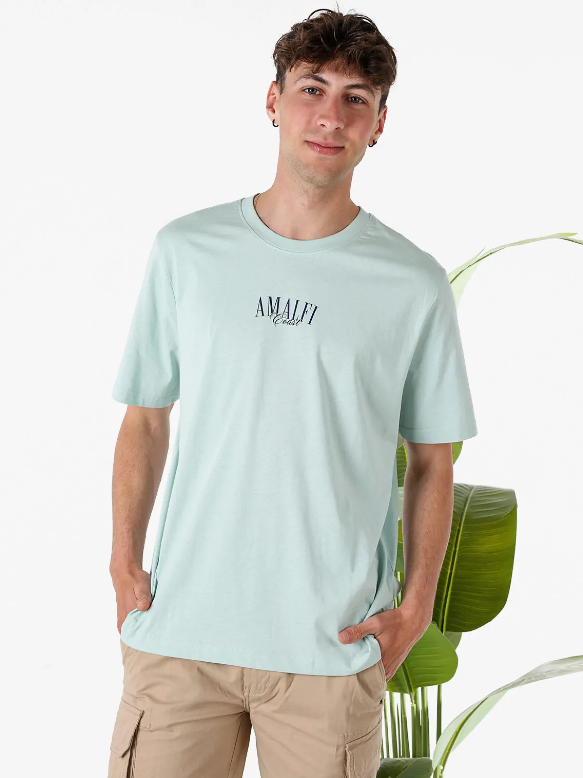 Buoncostume T-shirt in cotone da uomo con stampa AMALFI davanti e dietro - acqua marina