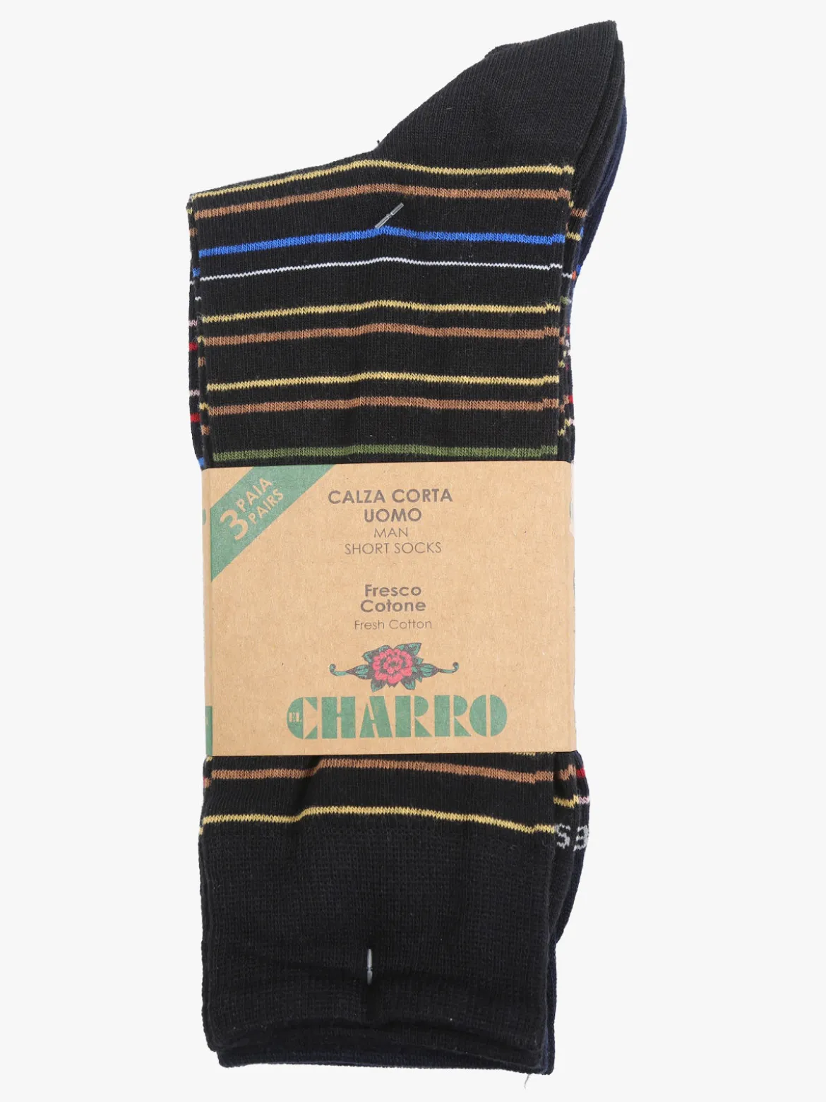 Charro Confezione da 3 paia di calze corte a righe da uomo in cotone