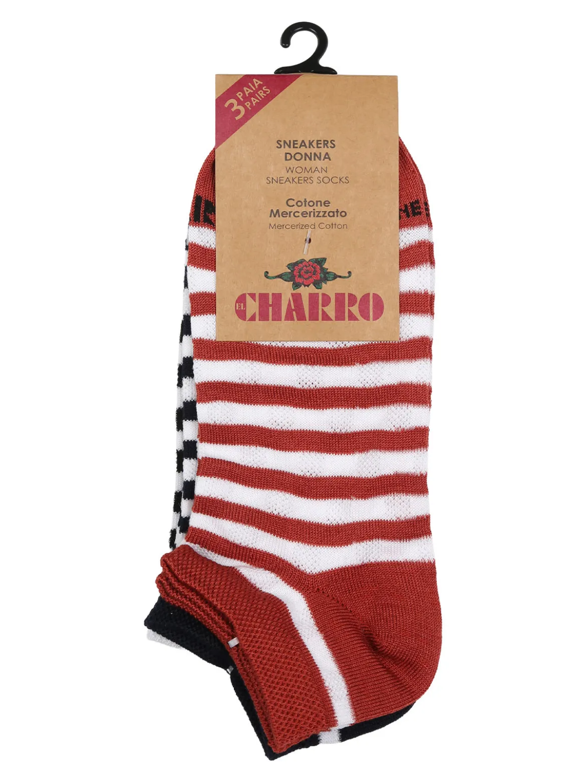 Charro Confezione da 3 paia di calze sneakers a righe da donna in cotone