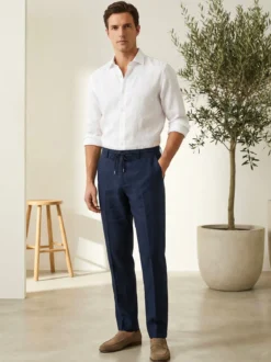 Cotton Belt Pantaloni uomo in misto lino con coulisse - blu scuro