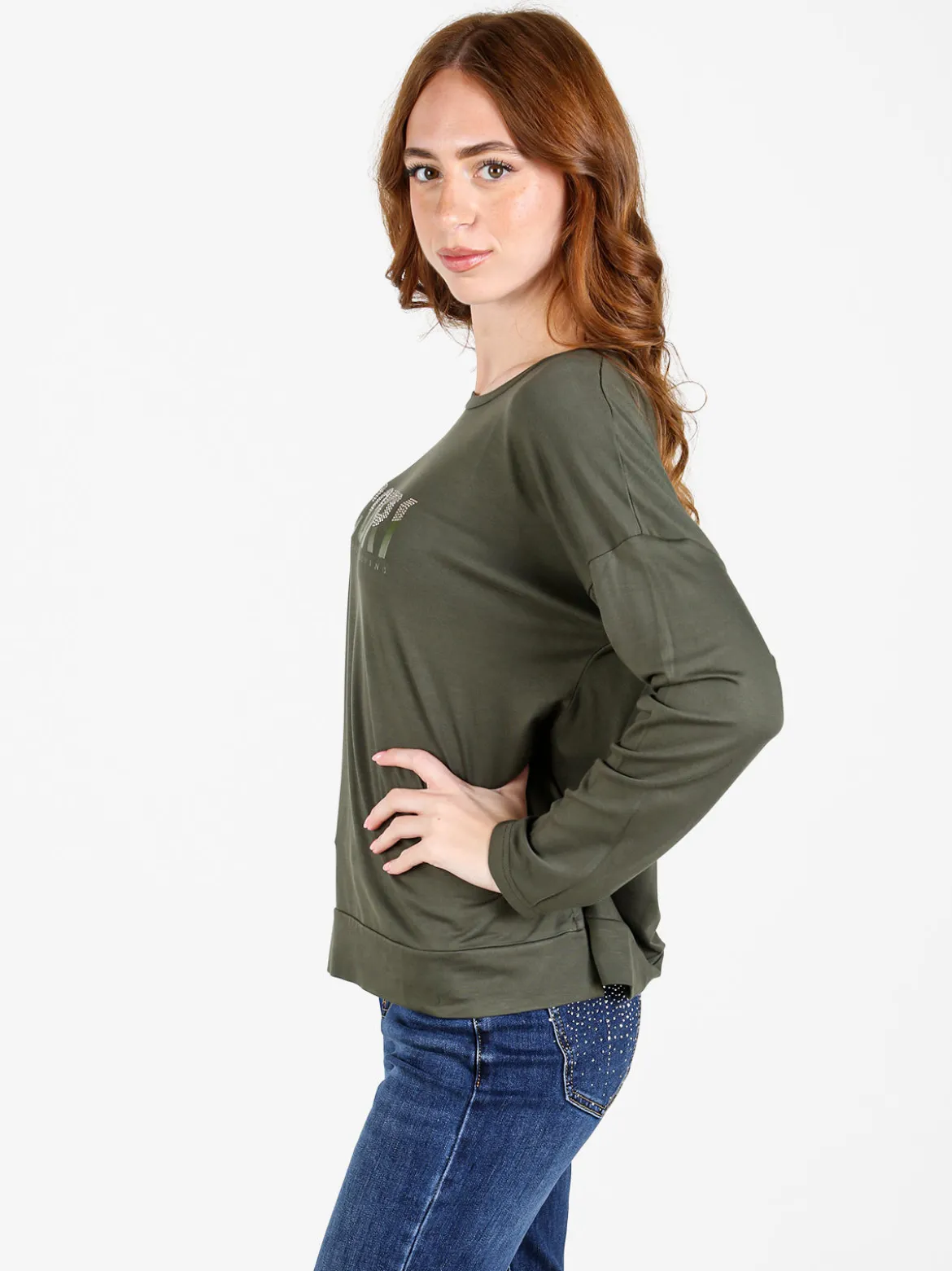 Coveri Moving T-shirt donna a maniche lunghe con strass - militare
