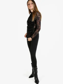 Daystar Maglietta donna a maniche lunghe in pizzo con arricciatura - nero