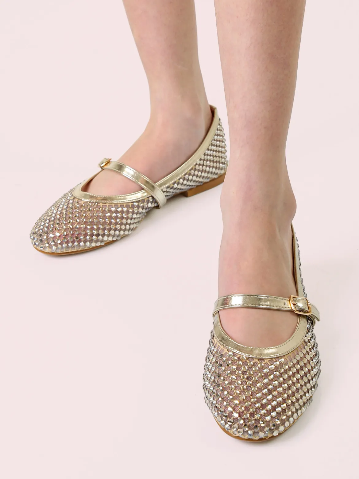 Energy Ballerine da donna in tulle con strass e cinturino con fibbia - oro
