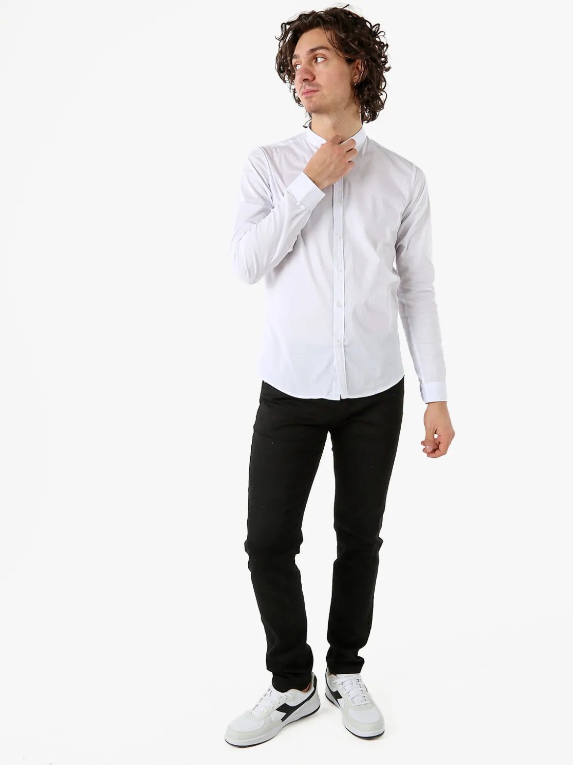 Enos Jeans Camicia da uomo slim fit a maniche lunghe con collo alla coreana - bianco