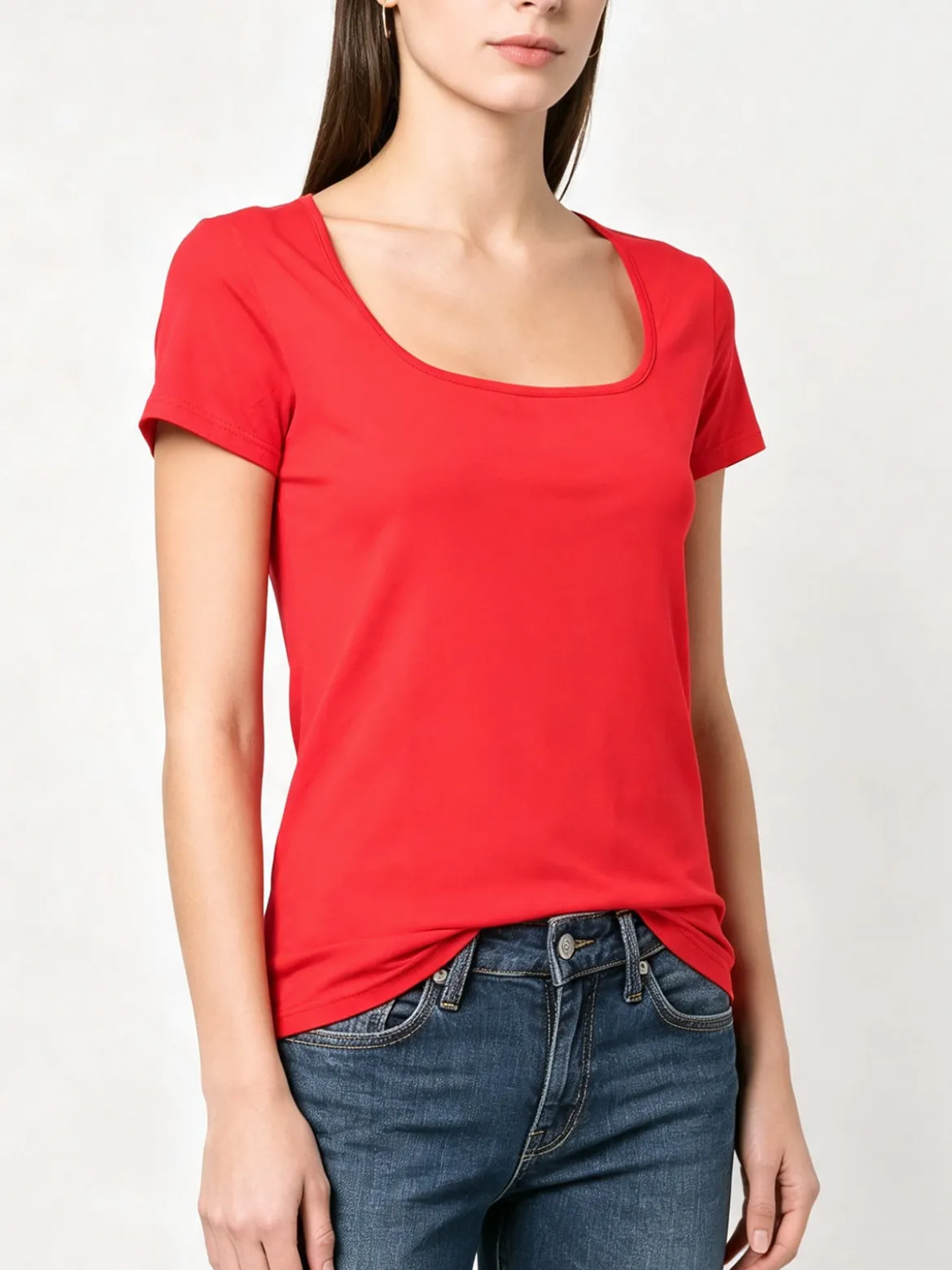 Essenziale Milano T-shirt da donna in cotone con scollo quadrato - rosso