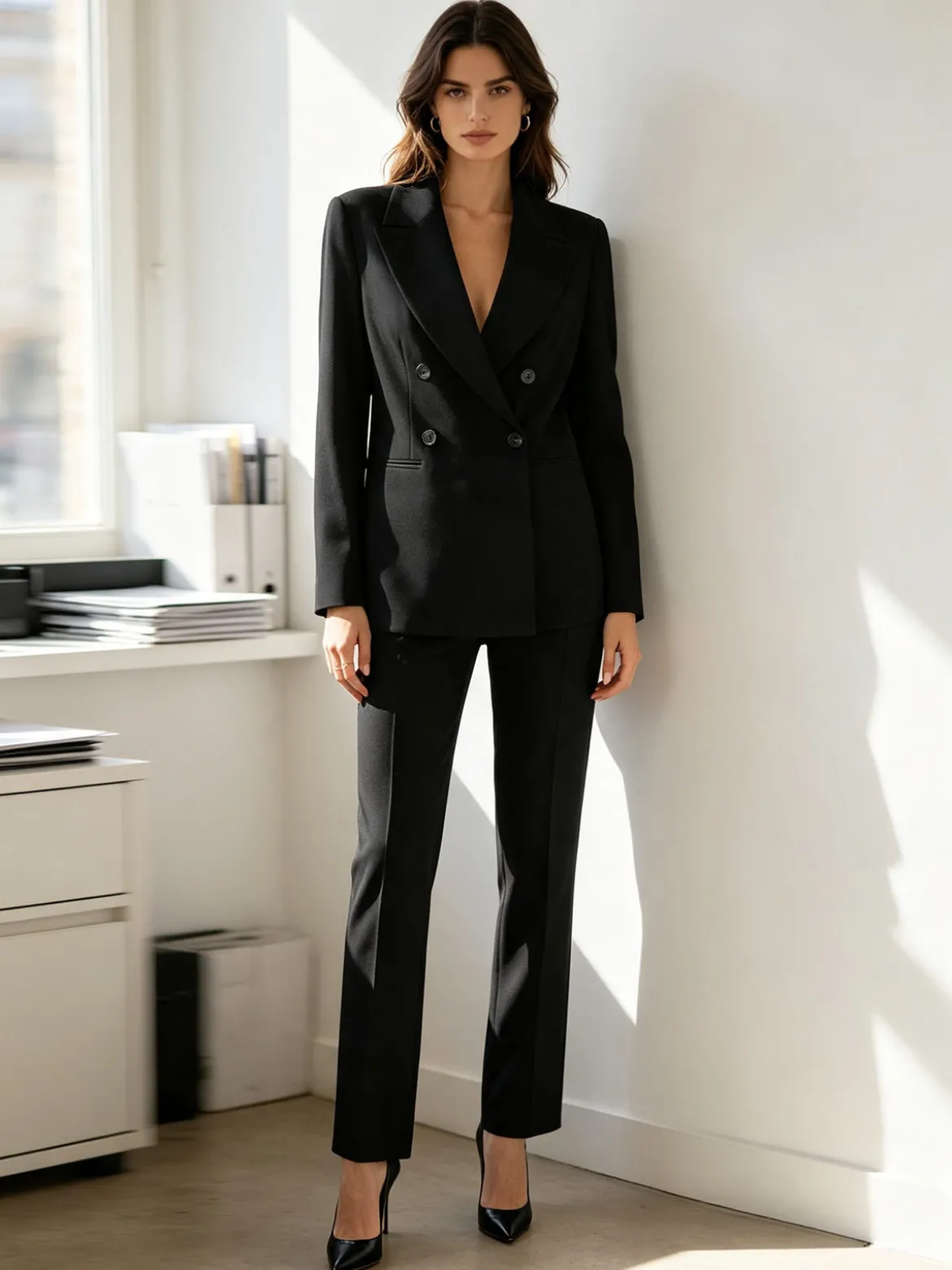 Fast Fashion Completo elegante da donna con blazer a doppiopetto e pantaloni a gamba dritta - nero