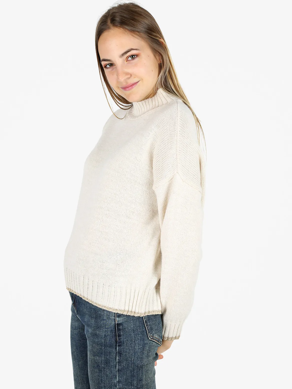 Fh Maglione donna in misto lana con dettaglio lurex - panna