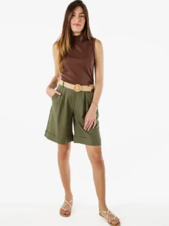 Frenetika Bermuda donna in misto lino con cintura in rafia - militare