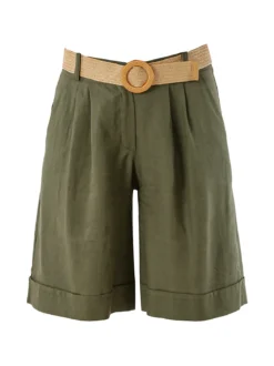 Frenetika Bermuda donna in misto lino con cintura in rafia - militare
