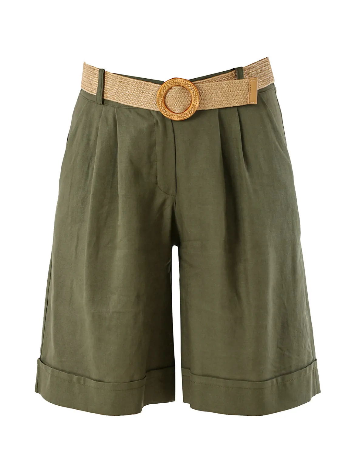 Frenetika Bermuda donna in misto lino con cintura in rafia - militare