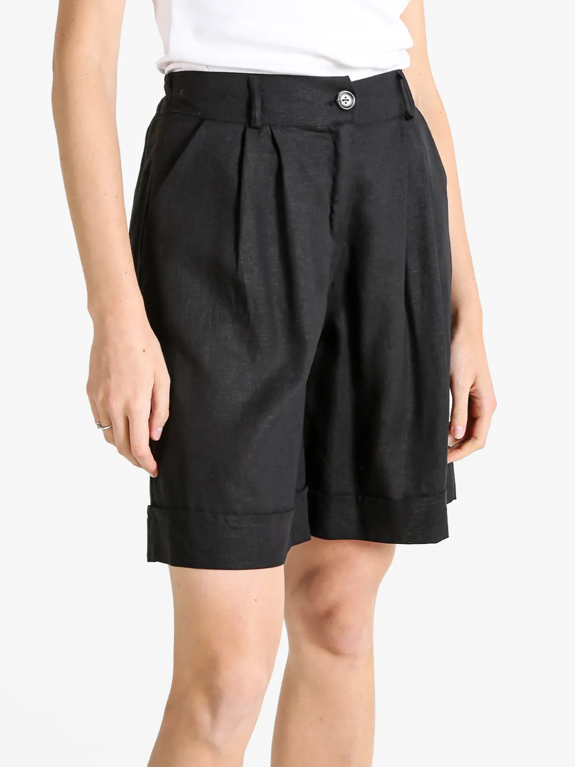 Frenetika Bermuda donna in misto lino con risvolto